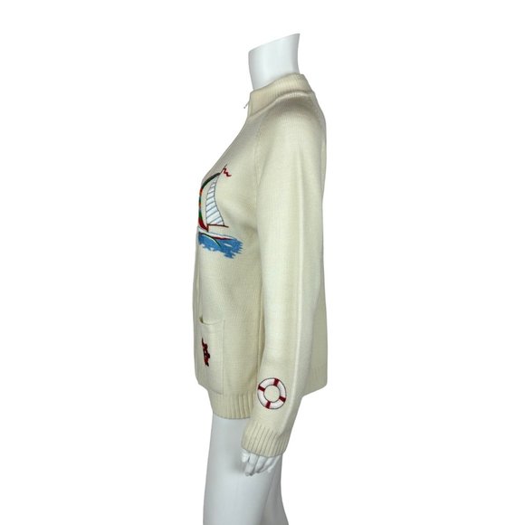 Vintage 80s Nautical Sweater Embroidered Sailboat Zip Up Cardigan - Picture 6 of 10